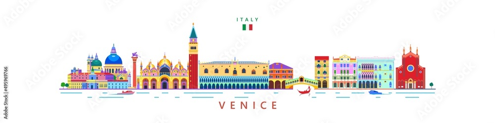 Venice cityscape with famous landmarks. Abstract colorful vector illustration. Italy