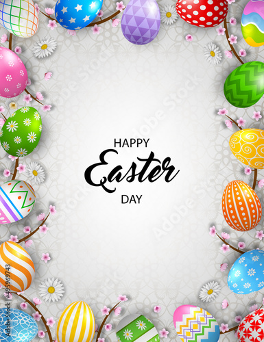 Easter background with colorful eggs and cherry flowers. easter frame with decorated eggs and branches