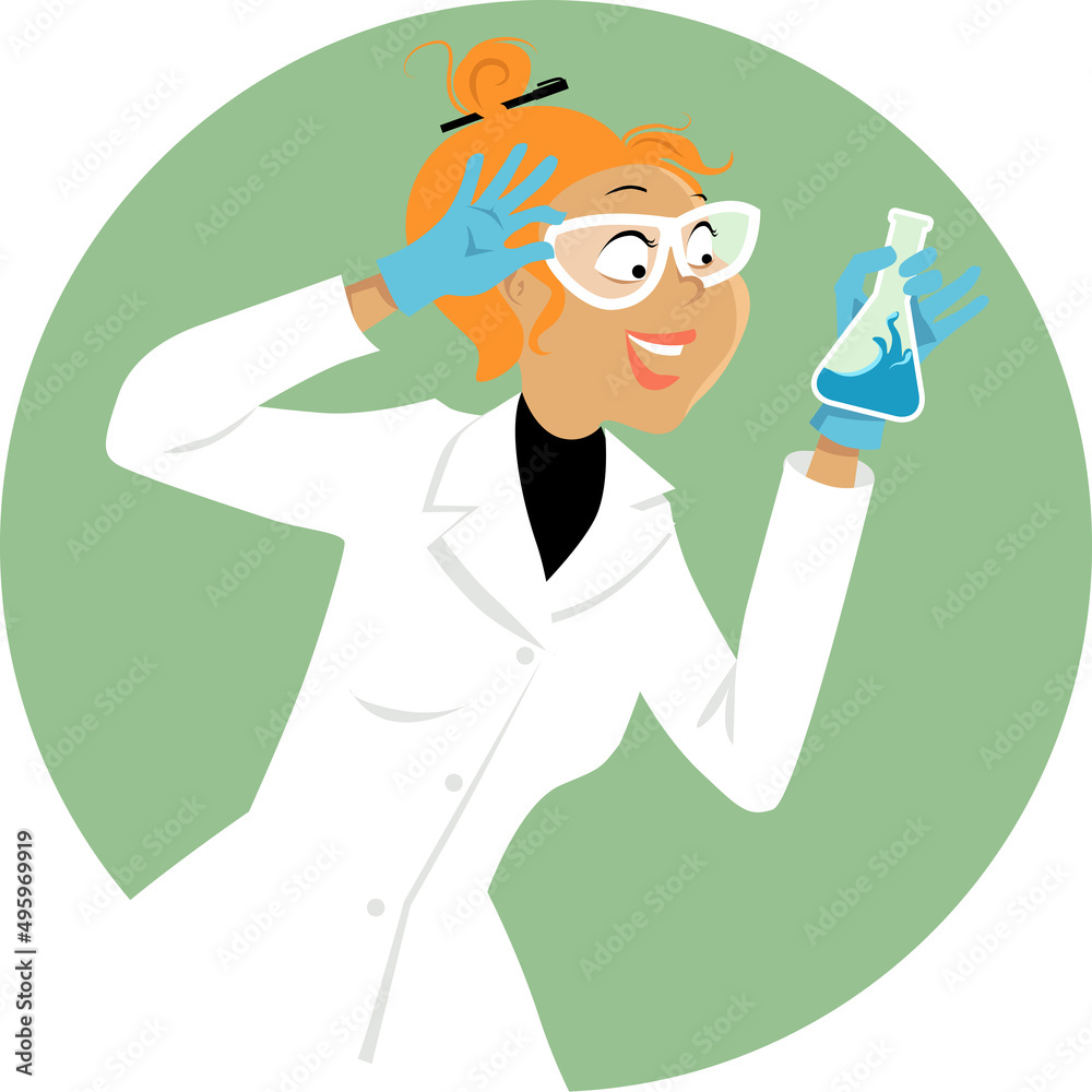 Young female scientist or student with a beaker in the lab, EPS 8 vector illustration Young female scientist or student with a beaker in the lab, EPS 8 vector illustration