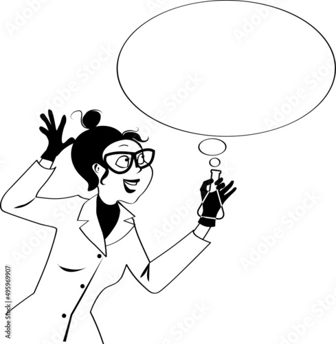 Black and white clip-art illustration of a female scientist in a lab coat and goggles with a beaker in her hand, speech bubble over head, no white objects, EPS 8