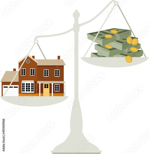 A house and a pile of money on a balancing scales representing seller's market in real estate, EPS 8 vector illustration