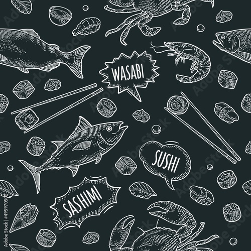 Seamless pattern sushi. Isolated on white. Vintage black vector engraving
