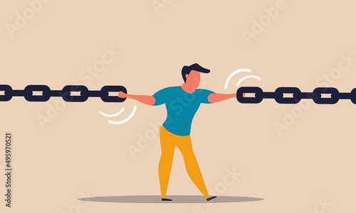 Business weak and strong cartoon character connect chain. Danger gap and pressure investments vector illustration concept. Risky vulnerability and weakness support. Powerful human connect smash photo