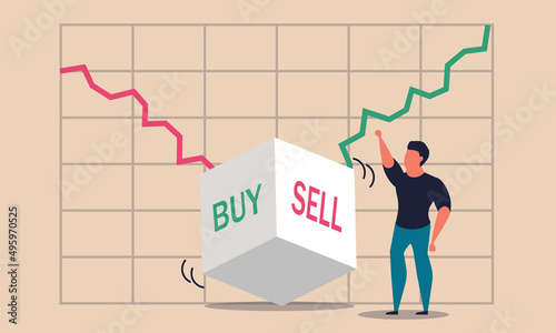 Stock invest and sell or buy betting dice. Choice exchange and risk uncertainty diagram vector illustration concept. Global strategy trading and investing money. Business chance bet and finance chart