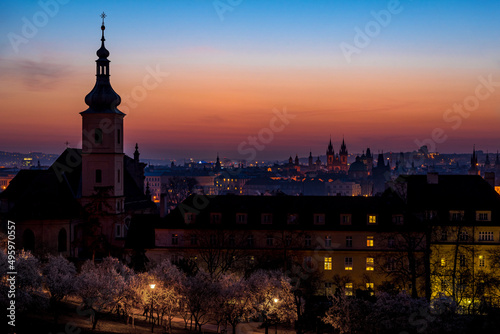 View over Prague skyline from Petrin hill at spring. Petrin hill at sunrise.