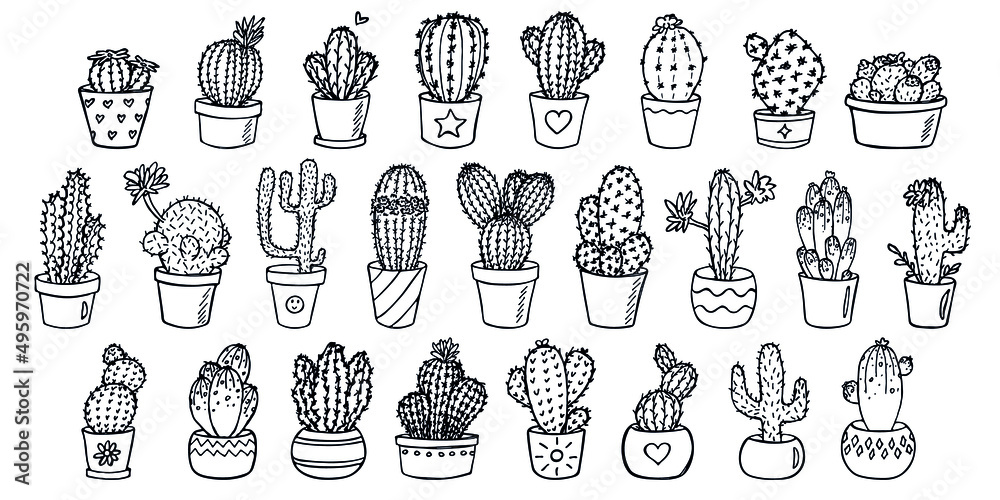 Set of cute hand drawn simple cactus. Houseplant in a pot clipart. Cacti illustration isolated on white background. Cozy home doodle.