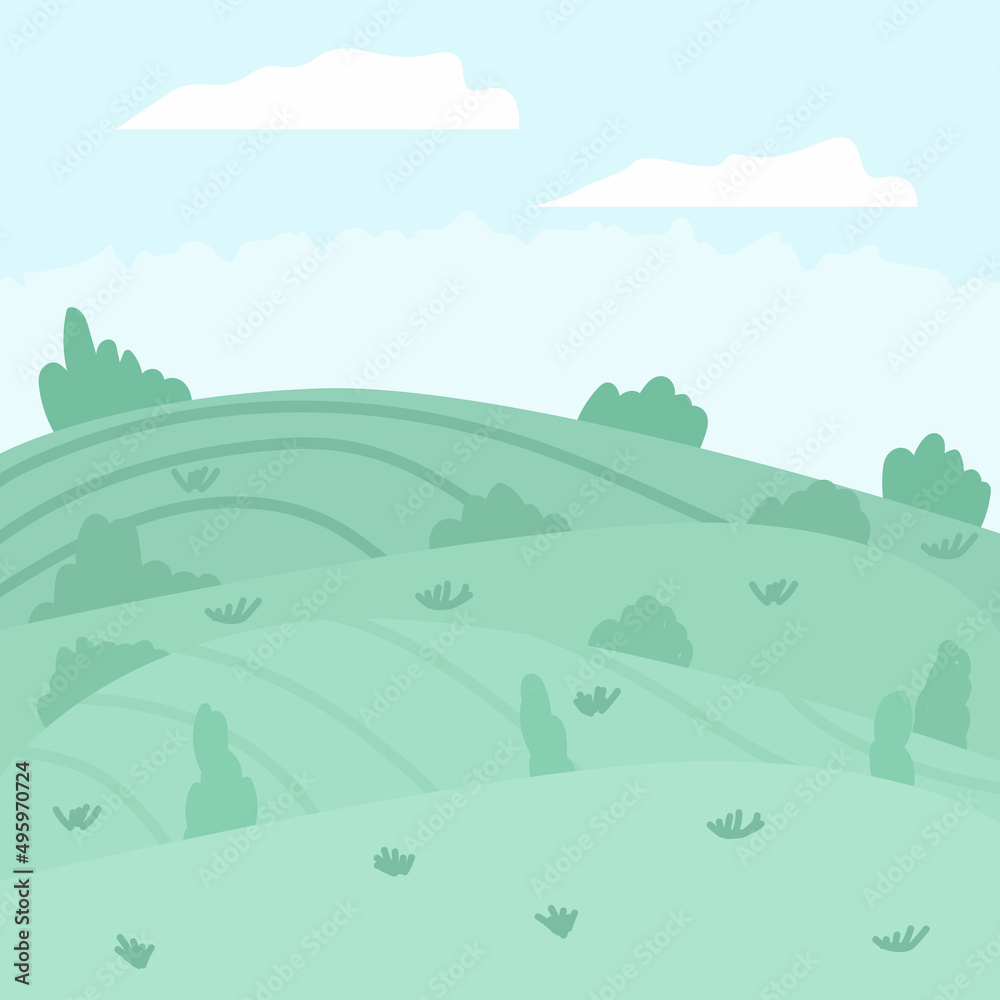 Obraz premium Vector illustration of beautiful summer fields landscape. Cute green hills, bright color blue sky, clouds. Nature background in flat cartoon style.
