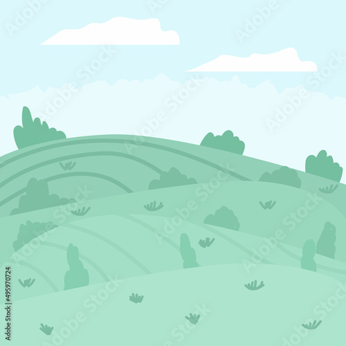 Vector illustration of beautiful summer fields landscape. Cute green hills  bright color blue sky  clouds. Nature background in flat cartoon style.