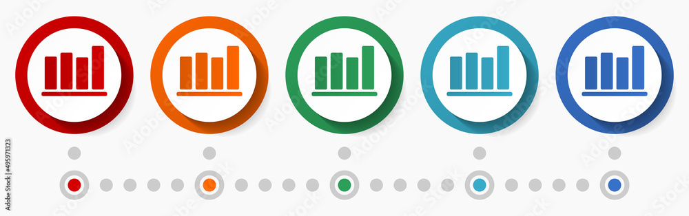 Graph, chart concept vector icon set, flat design colorful buttons, infographic template in 5 color options