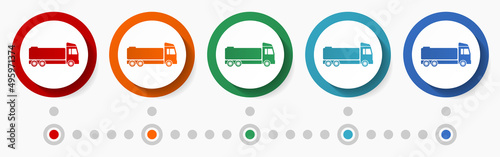 Truck, cistern concept vector icon set, flat design colorful buttons, infographic template in 5 color options
