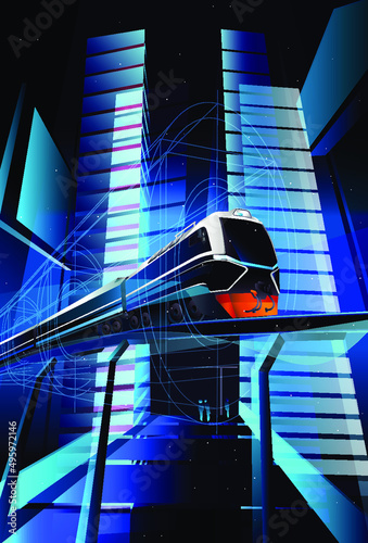 The train rushes through the futuristic city night