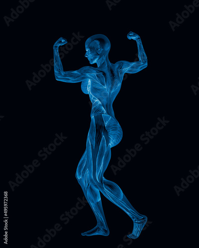female bodybuilding in muscle maps is doing a bodybuilder pose one in white background close up view