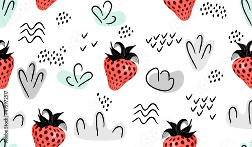 Seamless repeat pattern with ripe  strawberry in cartoon, abstract shapes and doole objects.Trendy background and texture for printing on fabric and paper.Hand drawn vector isolated illustration. photo