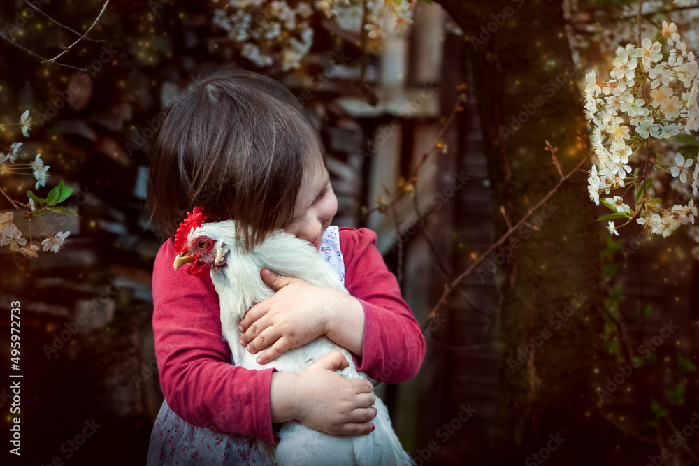 Obraz na płótnie dzieci i zwierzęta - dziewczynka przytula z miłością swoją kurkę w salonie