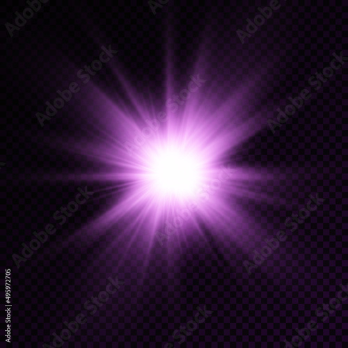 Purple glowing light star, violet burst sun rays.