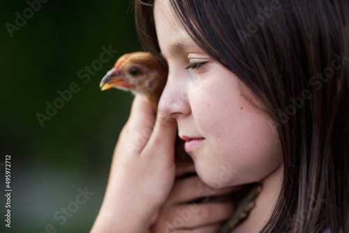 dzieci i zwierzęta - dziewczynka przytula z miłością swojego kurczaka