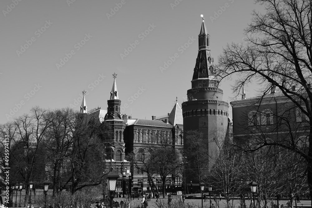 Black and white photography. Panoramic view of the Corner Arsenal tower and the building of the historical museum.