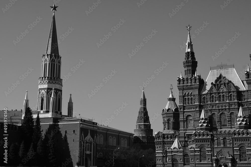 Black and white photography. View of the Nikolskaya Tower of the Moscow Kremlin and the building of the Historical Museum.