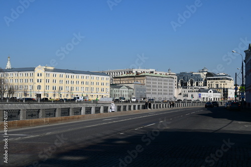 Panorama of the Vodootvodny Canal embankment. Sunny spring day in the city. March 24, 2022 Moscow, Russia.