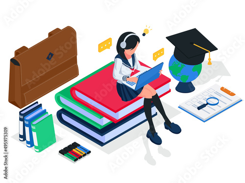 Female student listening audiobook from laptop and sit on stack of books, isometric e-learning illustration concept. Female with laptop, headphone, books, globe, bag, graduation cap, Vector