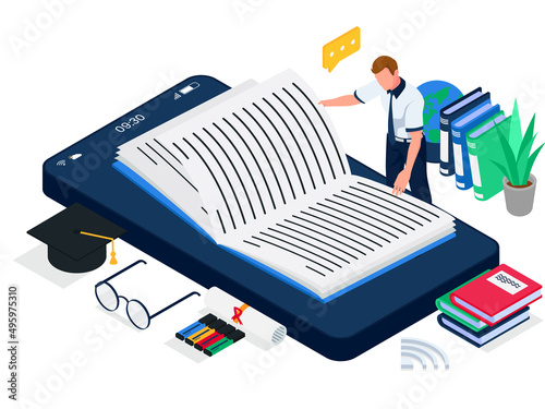 Student reading ebook at smarhphone, open online book at cell phone, e-learning concept. Student do online learning. Male with smarthphone and books illustration. Vector