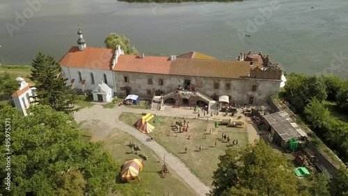 Aerial to Starokostiantyniv castle is a Volhynian castle built at the confluence of the Sluch and Ikopot rivers by Konstantyn Ostrogski, Ukraine photo