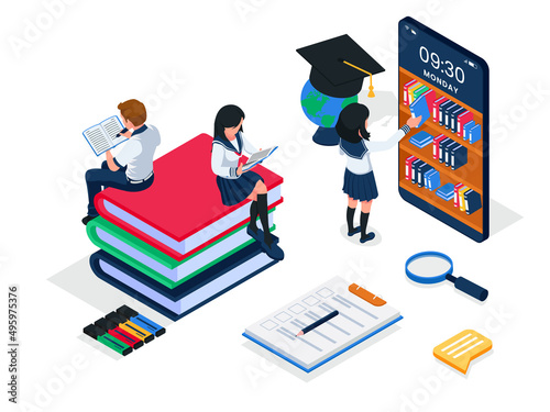 A group of students are actively studying online, isometric online library illustration concept. Group of people reading book and sit on big books composition. Vector