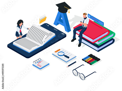 Group of students do online education learning, female reading ebook at smartphone, male listening audiobook, e-learning illustration concept. Group of people using modern learning tools. Vector