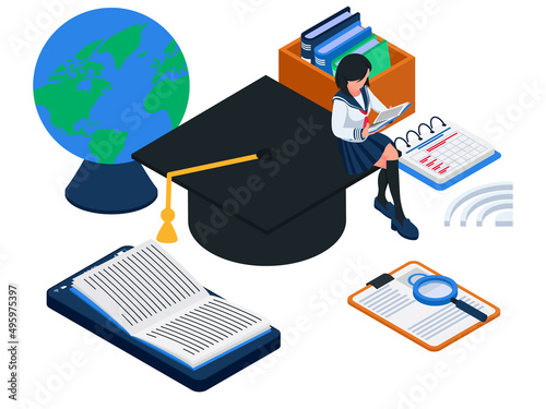 Female student reading ebook and sit on big graduation hat, isometric e-learning illustration concept. Female with smartphone, books, globe, magnifying glass, worksheet. Vector
