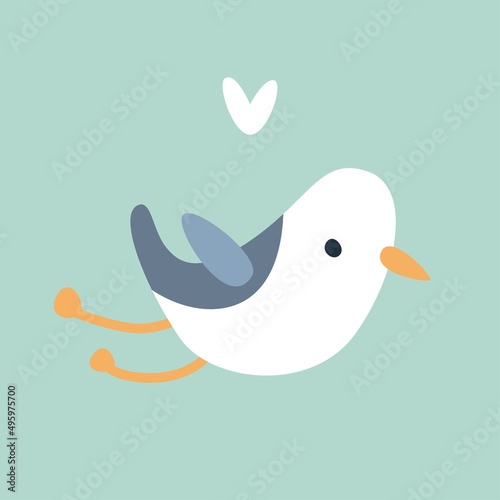 Сute postcard with a cartoon seagull and heart. Vector illustration.