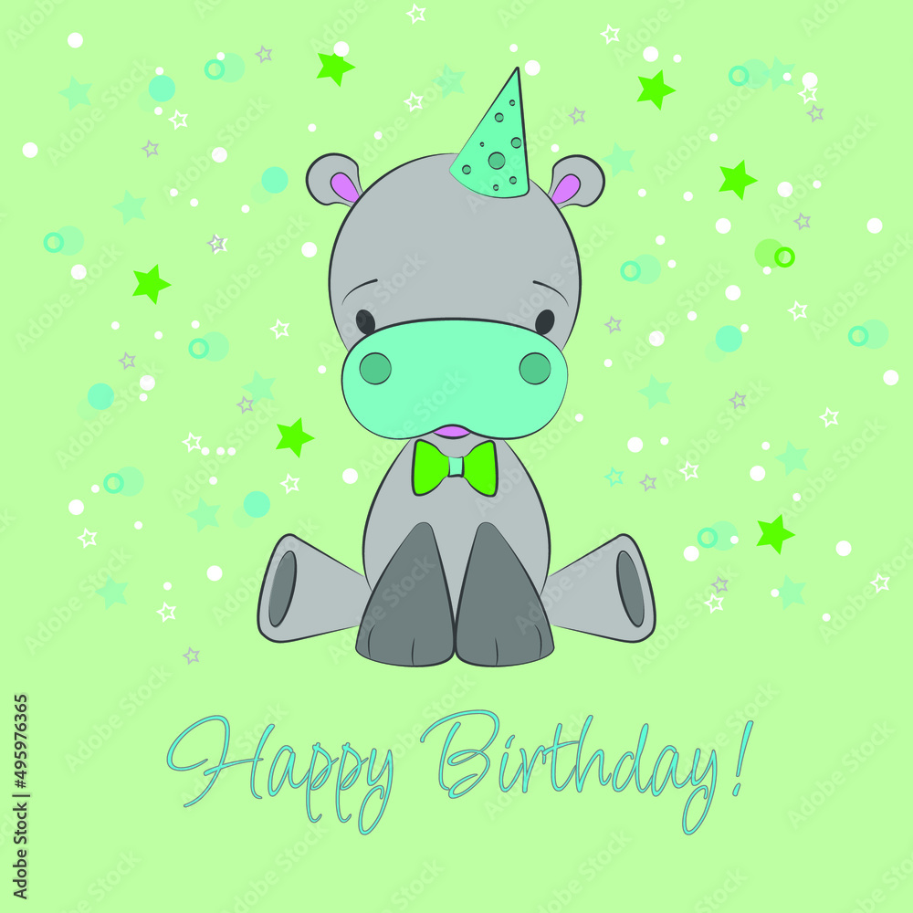 Fototapeta premium Happy birthday geeting card illustration. Cute Cartoon Hippo boy. cute happy birthday card with fun hippo and stars. 