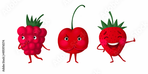 A collection of bright cartoon characters of raspberries, cherries and strawberries