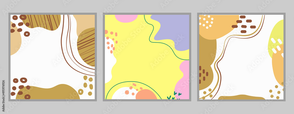 Set of three posters, wall paintings. Abstract images of the sea, water, sun, pyramid of stones, plants. Soft pastel colors, beige, light brown, gray. Linen canvas texture. Interior decoration. Vector
