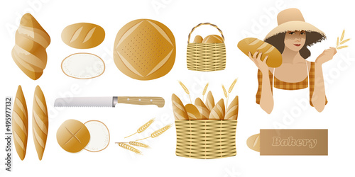Different breads collection. Typical breads from Spain. Baguettes and bagels. Woman with hat holding bread and ears of wheat.