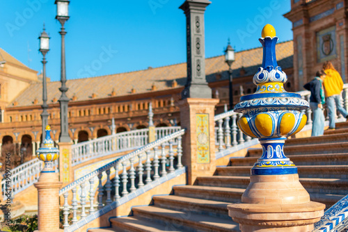 Detail of one of the corner posts near the staircase of the Plaza de Espana in the historic center of Seville, Spain.