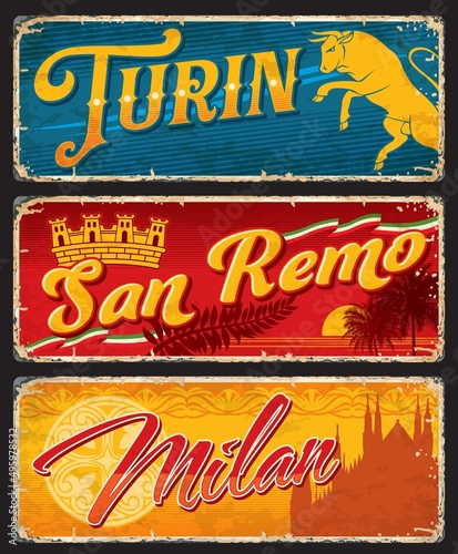 Turin, San Remo and Milan italian cities travel stickers and plates. European journey or tour memory tin sign with bull symbol, flags and cathedral. Italian city vector retro banner or vintage plate