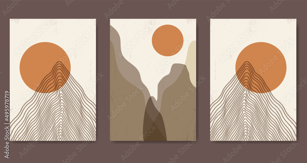 Fototapeta premium Abstract contemporary mountain landscape posters. Modern textured boho background set with mountains