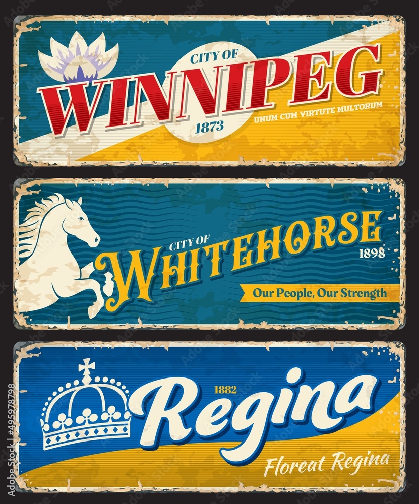 Winnipeg, Whitehorse and Regina canadian cities plates, travel stickers