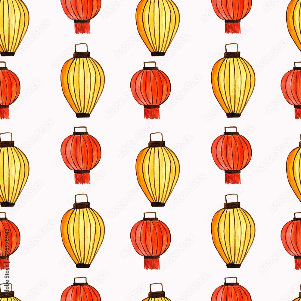 Watercolor pattern Chinese paper yellow and red lanterns.