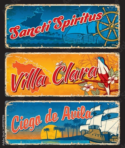 Villa Clara, Ciego de Avila, Sancti Spiritus Cuban regions vector travel plates and stickers. Provinces of Cuba vintage signs with maps, national bird trogon and sugar cane, sailing ship and palms