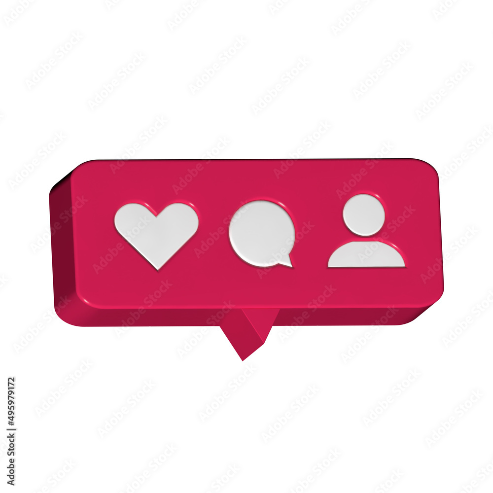 Social media notification icon. Follow, comment, like icons on a red background. 3d design.