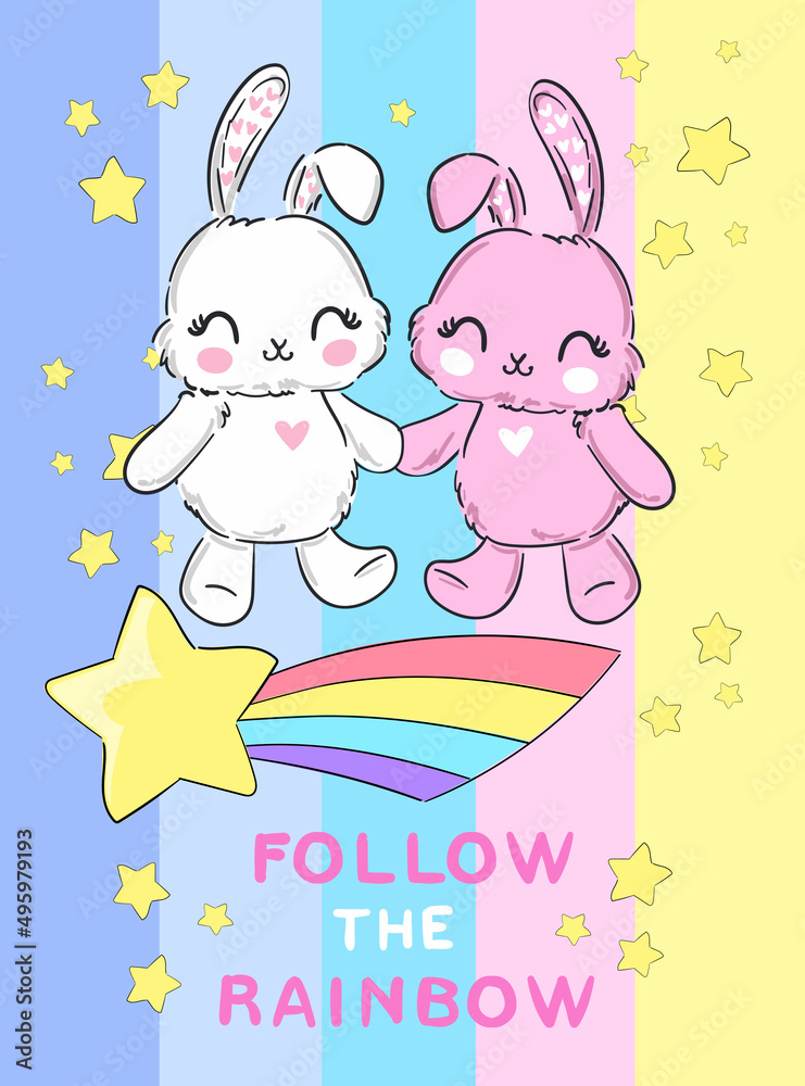 Hand Drawn Cute Bunny and rainbow, kids design rabbit vector illustration Hand Drawn Cute Bunny and rainbow, kids design rabbit vector illustration