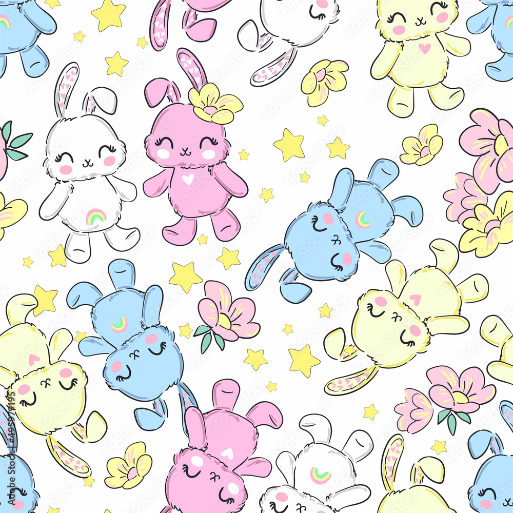 Rabbit Seamless Pattern colorfull Hand Drawn Bunny print design rabbit background Vector Textile for Kids Fashion Rabbit Seamless Pattern colorfull Hand Drawn Bunny print design rabbit background Vector Textile for Kids Fashion