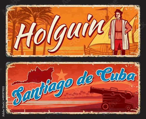 Holguin and Santiago de Cuba Cuban regions. Travel plates and stickers with vector silhouette of province map, Christopher Columbus statue and sailing ship, fortress cannon and palms vintage signs