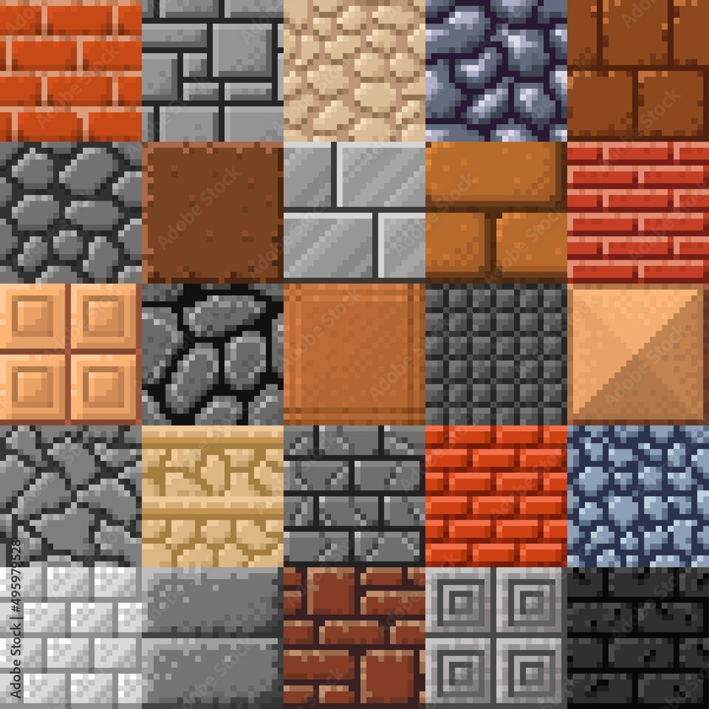 Tile, stone brick or porcelain stoneware and marble roof tiles, vector retro 8bit pixel art. Game surface pattern background of 8 bit pixel cubic brickwork, rock gravel or concrete wall blocks Tile, stone brick or porcelain stoneware and marble roof tiles, vector retro 8bit pixel art. Game surface pattern background of 8 bit pixel cubic brickwork, rock gravel or concrete wall blocks