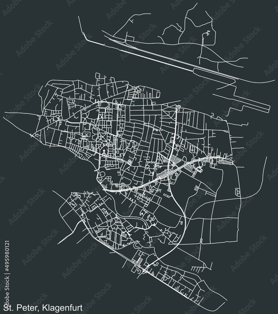 Detailed negative navigation white lines urban street roads map of the ST. PETER DISTRICT of the Austrian regional capital city of Klagenfurt, Austria on dark gray background
