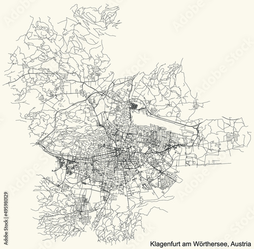 Detailed navigation black lines urban street roads map of the Austrian regional capital city of KLAGENFURT, AUSTRIA on vintage beige background
