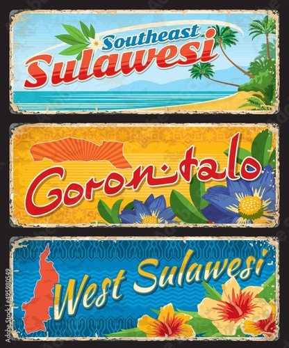 South East, West Sulawesi and Gorontalo indonesian travel plates and stickers. Asian region travel grunge postcard or Indonesia province vector tin sign or plate with blue lotus and hibiscus flower photo