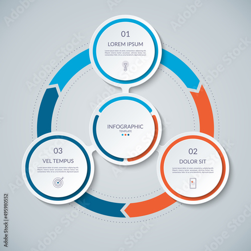 Infographic circle with 3 options, parts. 3-step vector template for business infographics. Process chart, cycle diagram for business presentation, report, brochure, web, data visualization.