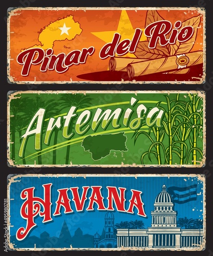 Pinar del Rio, Artemisa, Havana Cuban regions. Vector travel plates and stickers with maps and flags of Cuba provinces, cigars, tobacco leaves, Havana cathedral and Capitol building, sugar cane, palms photo